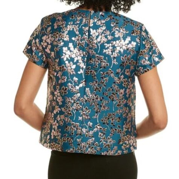 Women’s J. Crew Cherry Blossom Metallic Jacquard Top Short Sleeve Spruce Multi - Picture 2 of 6